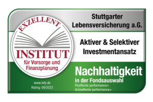 IVFP-Siegel mit Prädikat "Aktiver & Selektiver Investmentansatz" für die Nachhaltigkeit in der Fondsauswahl/Fondsangebot FlexRente performance+ und GrüneRente performance+ der Stuttgarter Lebensversicherung a. G.
