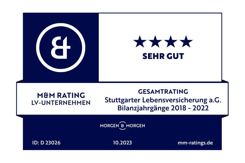 Morgen & Morgen-Siegel mit Prädikat "sehr gut" beim Gesamtrating für Die Stuttgarter Lebensversicherung a. G. der Bilanzjahrgänge 2018 bis 2023.