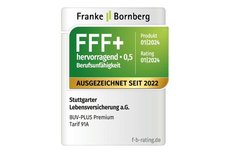 Siegel von Franke Bornberg mit Prädikat "hervorragend" für BUV-PLUS premium (Tarif 91A) der Stuttgarter Lebensversicherung a. G.